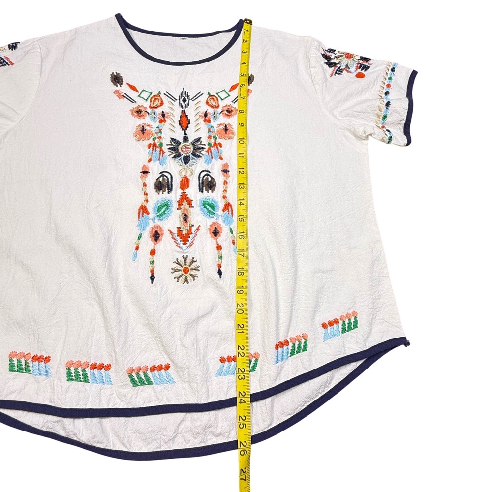 White Cotton Linen Embroidered Boho Short‎ Sleeve Top Sz M lightweight Oversized - Picture 8 of 10